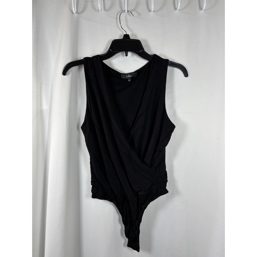 Lulus Black Surplice Sleeveless Wrap Bodysuit Size Large Made in USA
